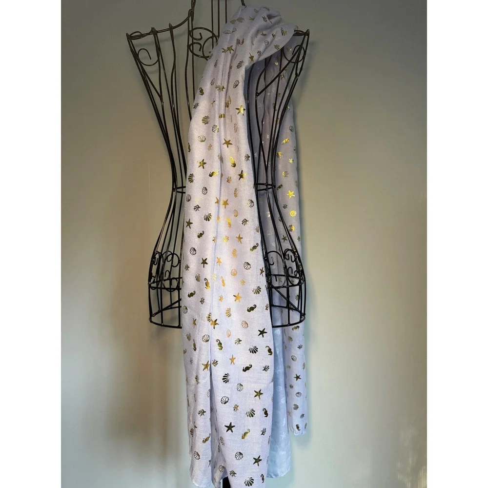 Avenue 9 Light Blue Scarf Gold Foil Nautical Seashell Seahorse Starfish 71x27